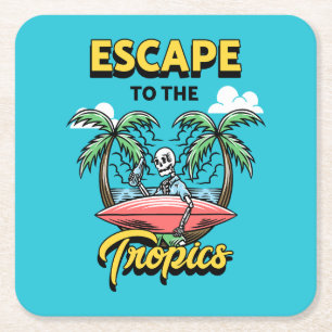 Escape to the Tropics Skeleton Surf Square Paper Coaster