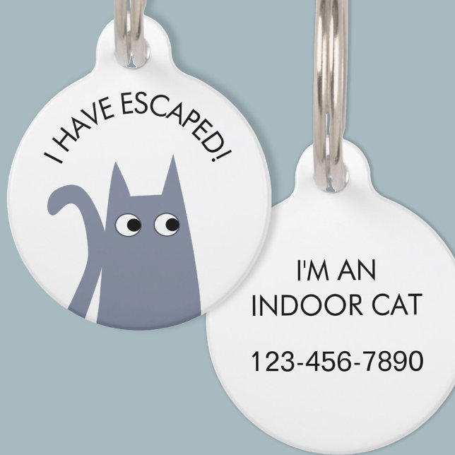 Escaped Indoor Cat Blue Grey Pet Tag (Escaped indoor cat personalized phone number safety blue gray cat pet tag)
