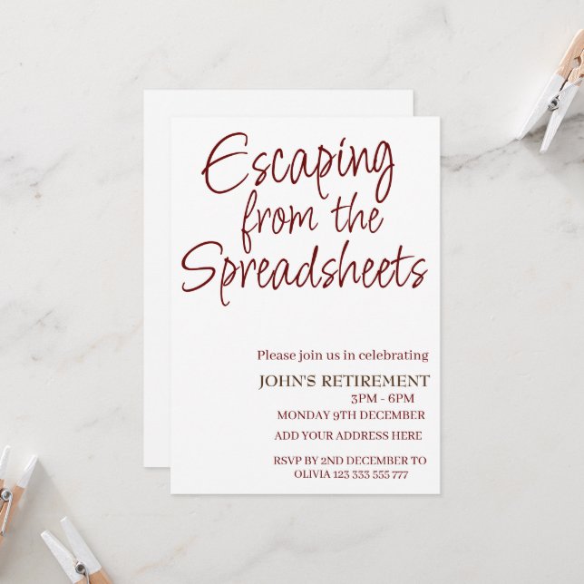 Escaping from the spreadsheets Funny Retirement  Invitation (Front/Back In Situ)