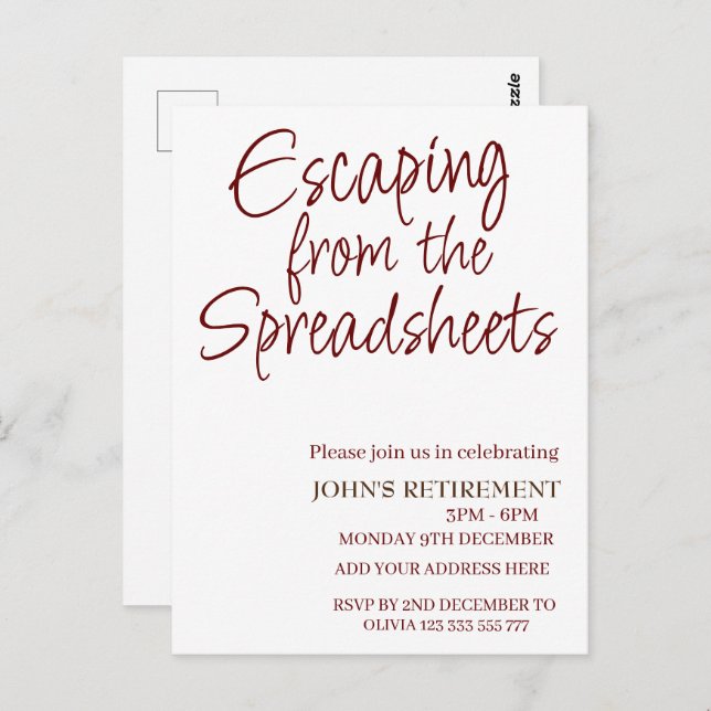 Escaping from the spreadsheets Funny Retirement  Postcard (Front/Back)