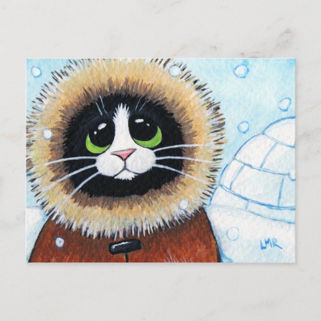 Eskimo Cat and Igloo | Animal Art Postcard (Front)