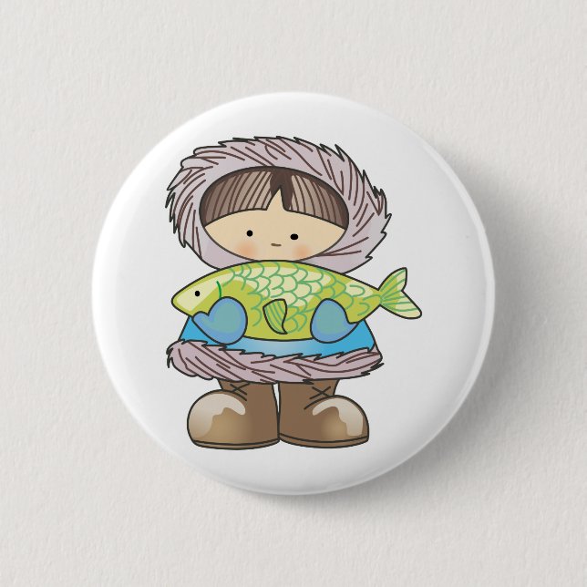 ESKIMO HOLDING FISH 6 CM ROUND BADGE (Front)