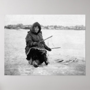 Eskimo Ice Fishing in Nome, Alaska Photograph Poster