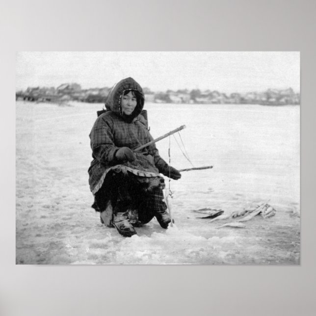 Eskimo Ice Fishing in Nome, Alaska Photograph Poster (Front)