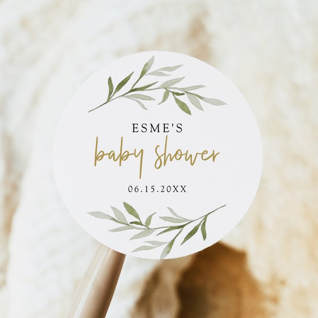 ESME Bohemian Greenery & Gold Baby Shower Classic Round Sticker (Creator Uploaded)
