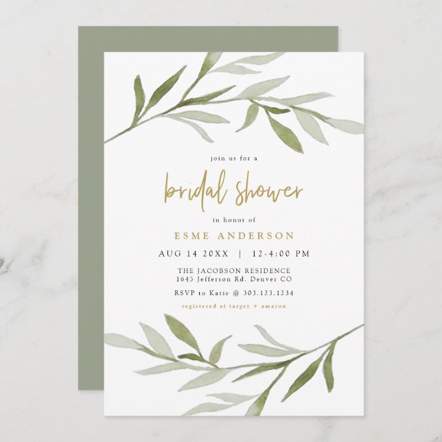 ESME Bohemian Greenery & Gold Bridal Shower Invitation (Front/Back)