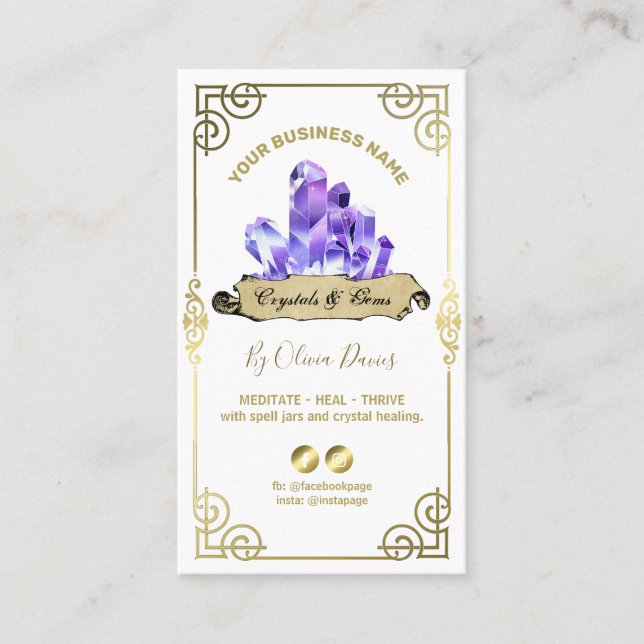 Esoteric Crystal White Purple And Gold Business Ca Business Card (Front)