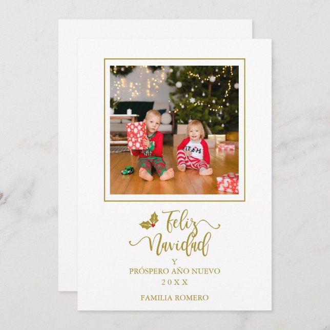 Español Dorado Minimalista Navidad Foto Familia Holiday Card (Front/Back)