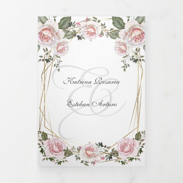 Español English Rosas Blush Pink Roses Tri-Fold Invitation (Cover)