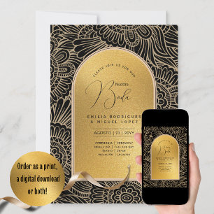 Espanol Invitación Boda Elegant Black Gold Wedding Invitation