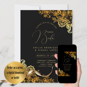 Espanol Invitación Boda Elegant Black Gold Wedding Invitation