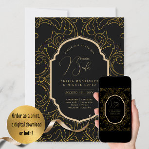 Espanol Invitación Boda Elegant Black Gold Wedding Invitation