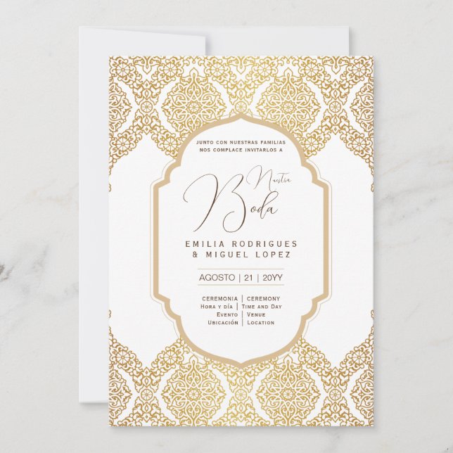 Espanol Invitación Boda Elegant White Gold Ornate Invitation (Front)