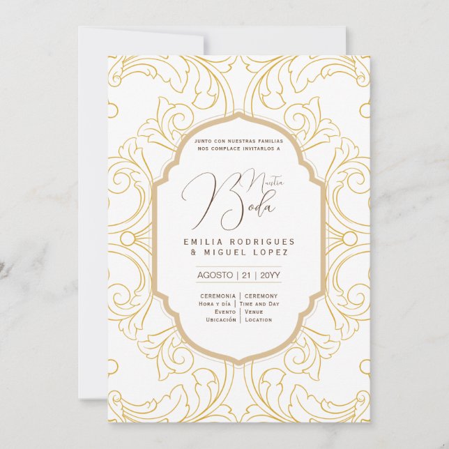 Espanol Invitación Boda Elegant White Gold Ornate  Invitation (Front)