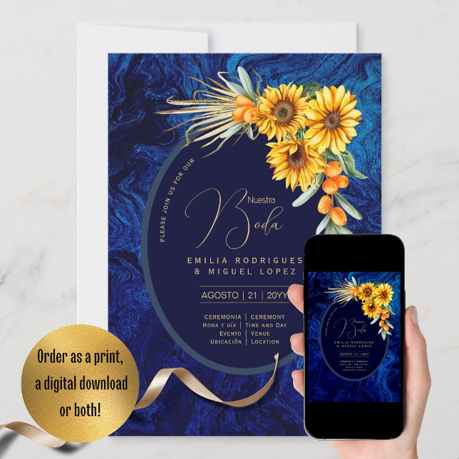 Espanol Invitación Boda Rustic Blue Sunflowers Inv Invitation (Creator Uploaded)