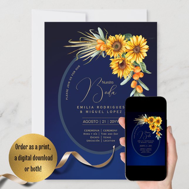 Espanol Invitación Boda Rustic Blue Sunflowers Inv Invitation (Creator Uploaded)