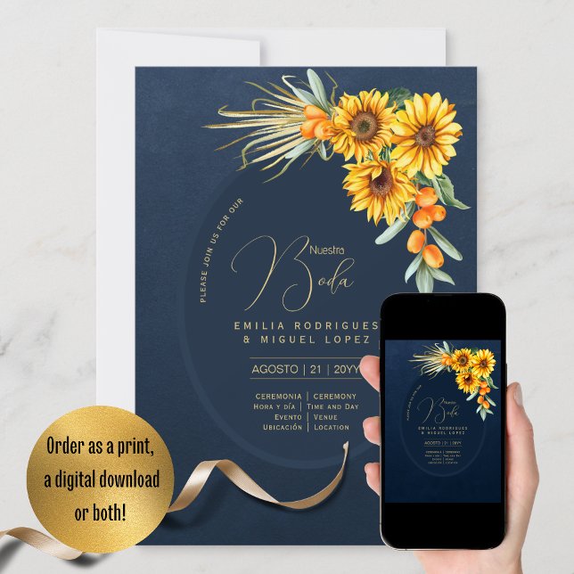 Espanol Invitación Boda Rustic Blue Sunflowers Invitation (Creator Uploaded)