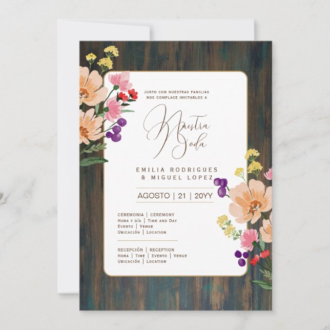 Espanol Invitación de Boda Floral Wedding Rustic I Invitation (Front)
