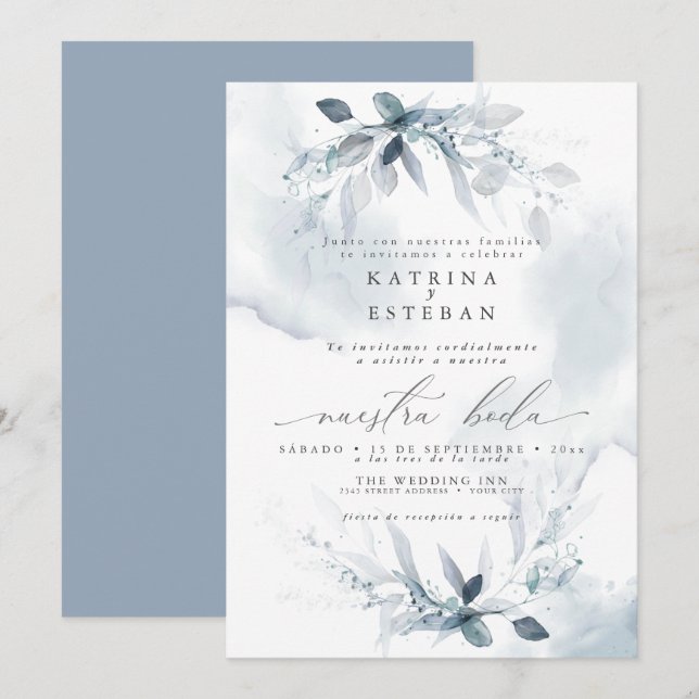 Español Wedding Rustic  Dusty Blue Foliage  Invitation (Front/Back)