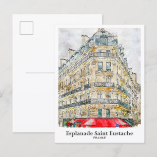 Esplanade Saint Eustache France Travel Watercolor Postcard