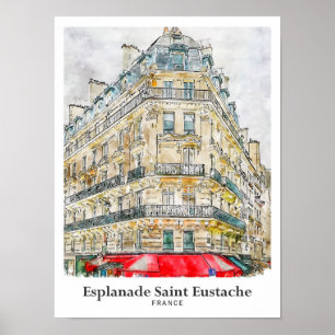 Esplanade Saint Eustache France Travel Watercolor Poster
