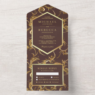 Espresso Brown Gold Foil Flourish Swirl Wedding All In One Invitation