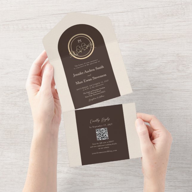 Espresso Brown Gold QR Code Wedding All In One Invitation (Tearaway)