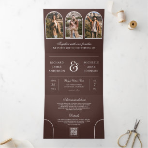 Espresso Brown Minimal Arch Photo QR code Wedding Tri-Fold Invitation