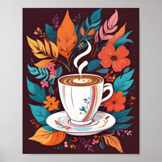 Espresso Coffee Cup wall art with colourful leaves