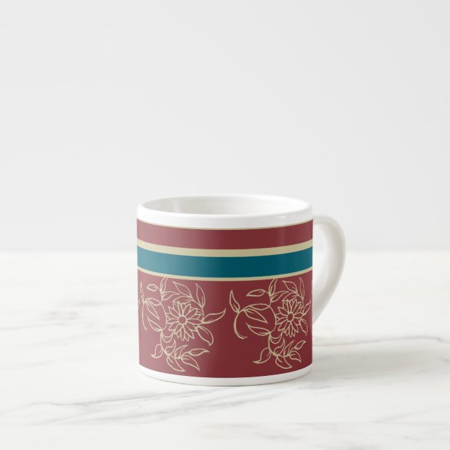 Espresso Coffee Mug, Maroon Blue Floral Cup (Front Right)