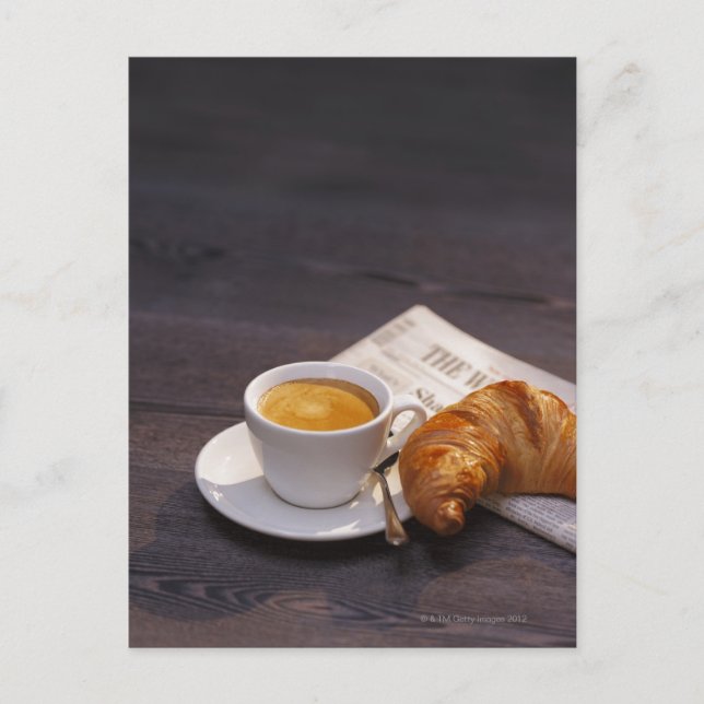 espresso, croissant and newspaper postcard (Front)
