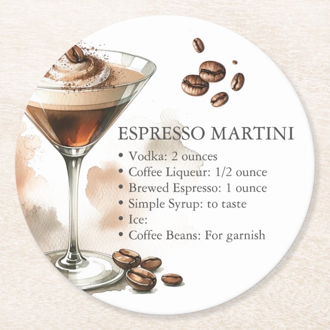 Espresso Martini Recipe Round Paper Coaster (Front)