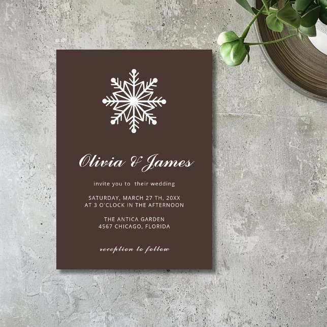 Espresso Minimal Snowflake Calligraphy Wedding Invitation (Creator Uploaded)