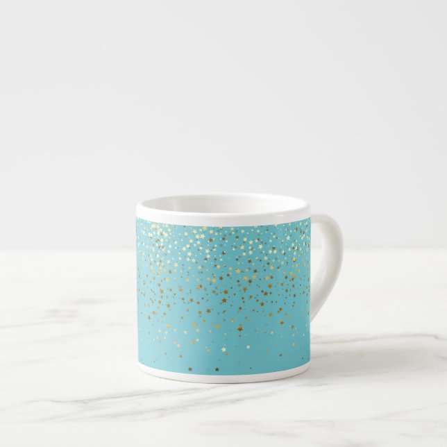 Espresso Mug-Petite Golden Stars-Aqua Espresso Cup (Front Right)