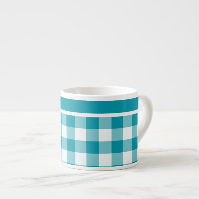 Espresso Mug, Teal and White Check Gingham Cup (Front Right)