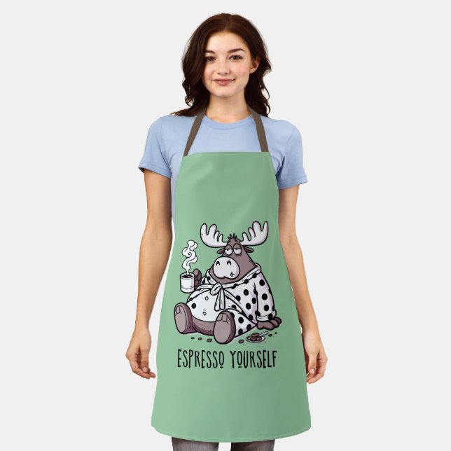 Espresso Yourself Funny Sleepy Moose Coffee Lover  Apron (Worn)
