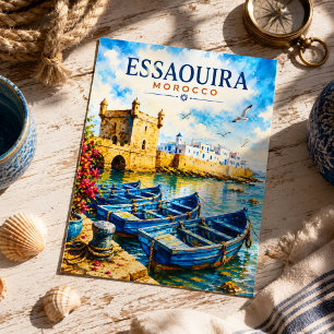 Essaouira Morocco Watercolor Blue Boats Travel Postcard