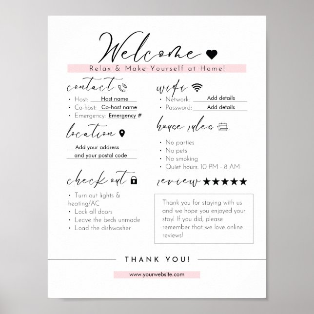 Essential Airbnb Info Sign – Modern Black & Blush (Front)