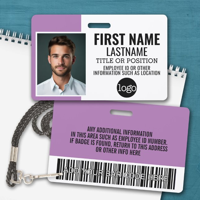 Essential Employee ID Photo, Bar Code, Logo, Name Badge (Personalized Name Badge with Photo and Company Logo)