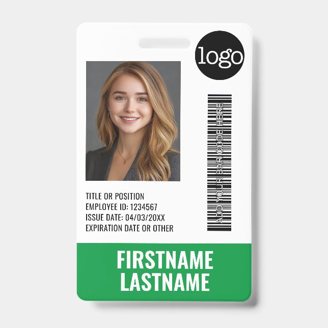 Essential Employee ID Photo, Bar Code, Logo, Title Badge (Front)