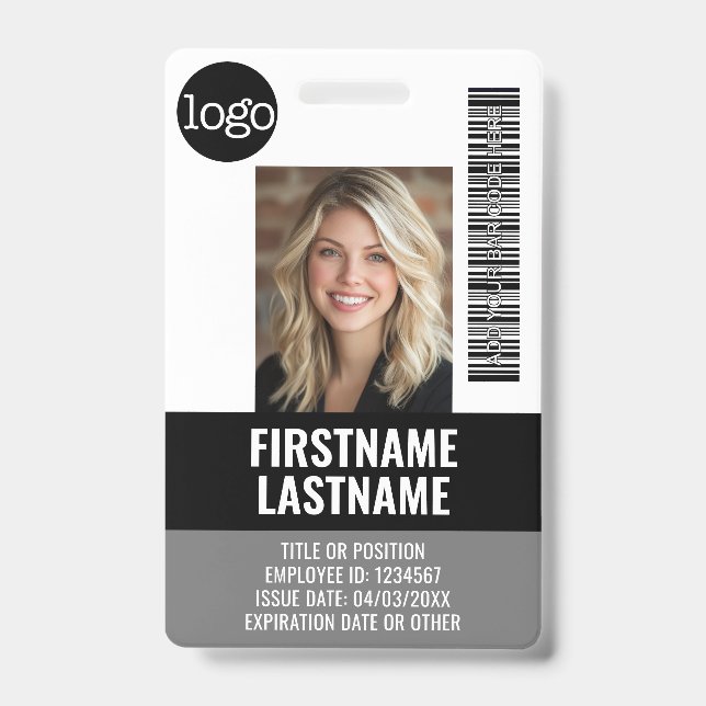 Essential Employee ID Photo, Bar Code, Logo, Title Badge (Front)