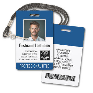 Essential Employee - Photo, Bar Code, Logo, Blue ID Badge