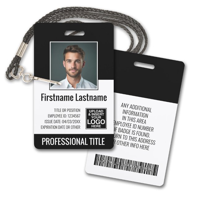 Essential Employee - Photo, Bar Code, Logo, Title ID Badge (Plastic ID Badge - Customize with Employee Photo and Credentials. Black Accents)