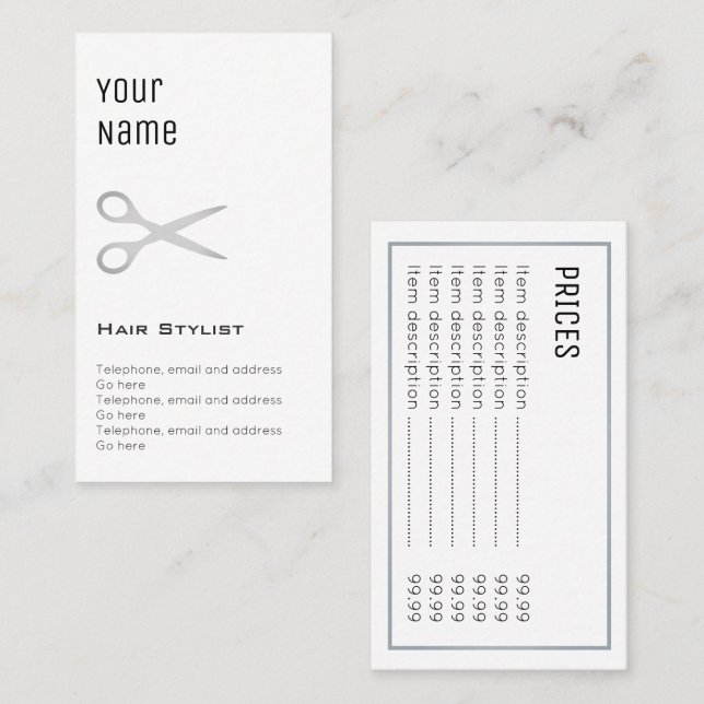 "Essential" Hair Stylist Price Cards (Front/Back)