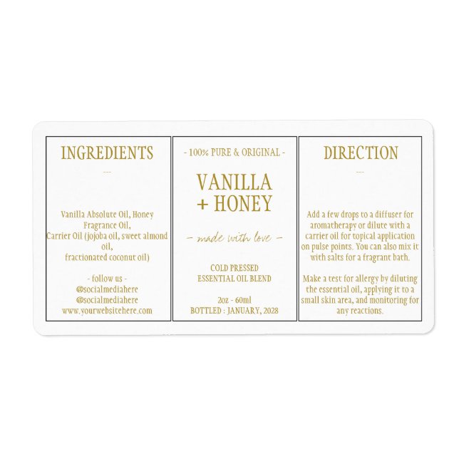 Essential Oil Cosmetic Vanilla Honey Ingredients (Front)