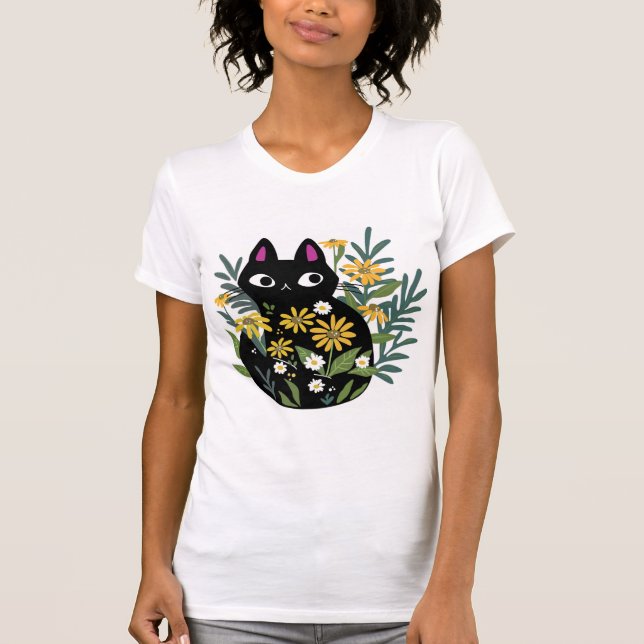 Essential T-Shirt, Black cat with flowers  designe T-Shirt (Front)