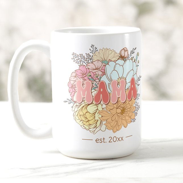 Established Mama Retro Flowers Mum Large Coffee Mug (Established Mama Retro Flowers Mom Large Coffee Mug)