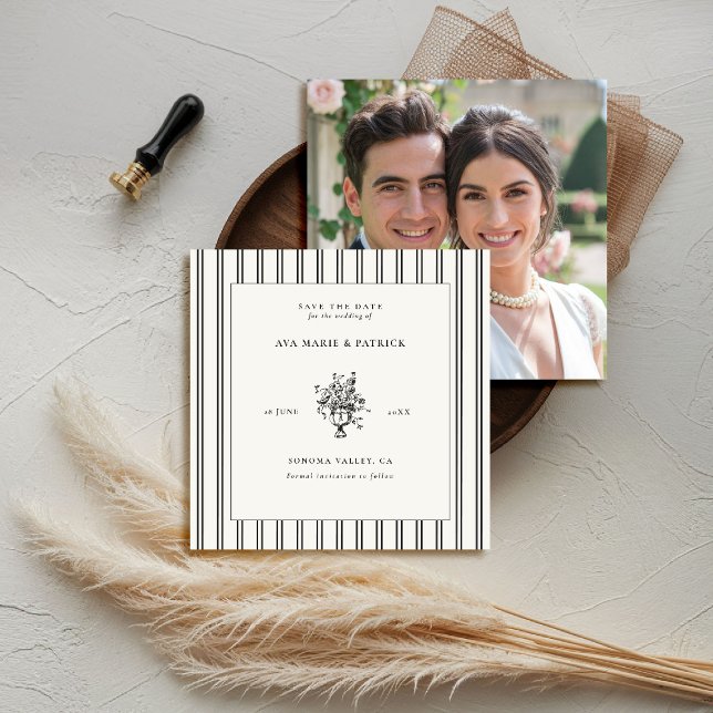 Estate Chic Black Stripe Floral Vase Photo Wedding Save The Date (elegant wedding save the date photo template chateau estate garden destination black white stripes)