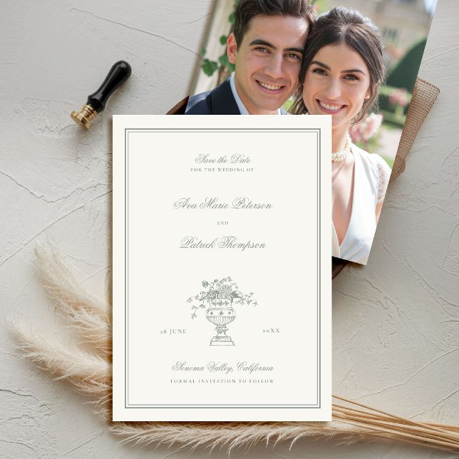 Estate Floral Sage Green Frame Photo Wedding Save The Date (elegant wedding save the date photo template chateau estate garden destination sage green)