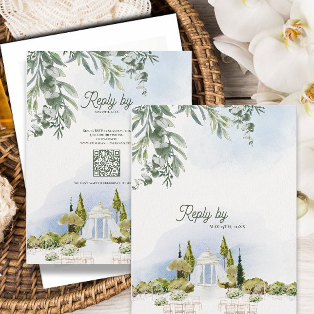 Estate Garden Pavilion Wedding RSVP with QR Code Card (Estate Garden Pavilion Wedding RSVP Card with QR Code | Watercolor Garden Venue Reply Card)